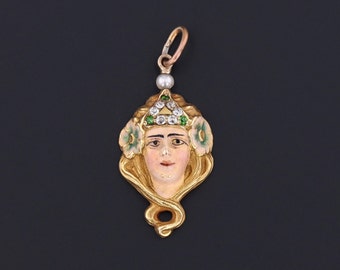 Art Nouveau Woman Charm of 14k Gold