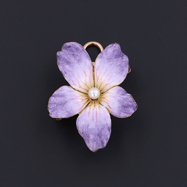 Antieke geëmailleerde violette hanger of broche van 14 kt goud