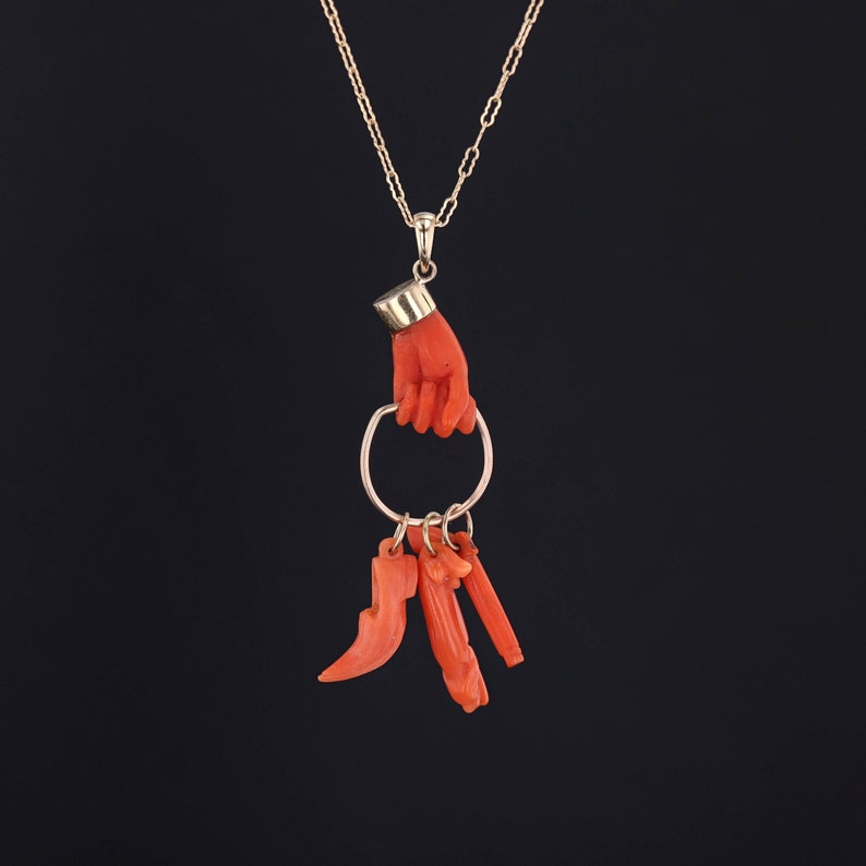 Antique Coral Hand Pendant of 14k Gold image 1