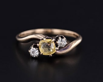 Antieke gele ring met saffier en diamant van 14 kt goud