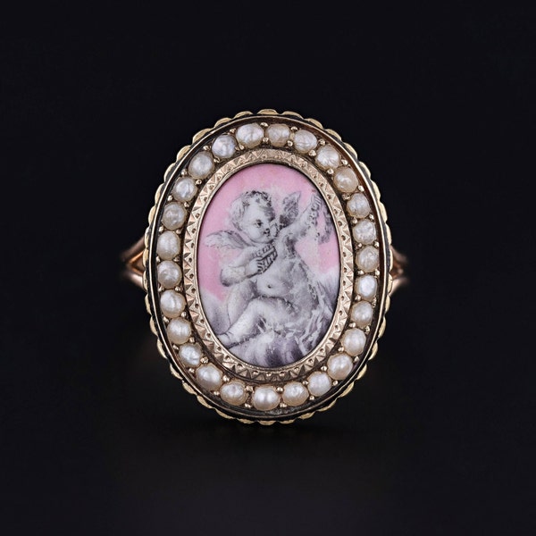 Victorian Enamel Cherub Ring of 18k Gold