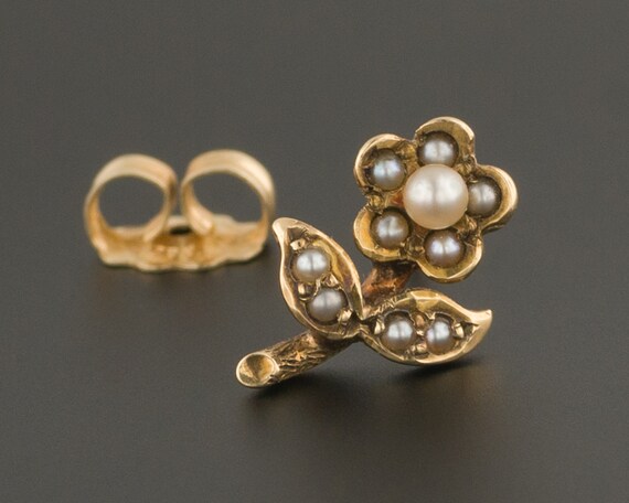 14k Gold & Pearl Flower Earring | Antique Stick Pi