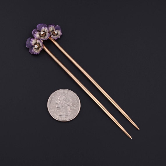 Antique Enamel and Diamond Pansy Hair Pin of 14k … - image 2