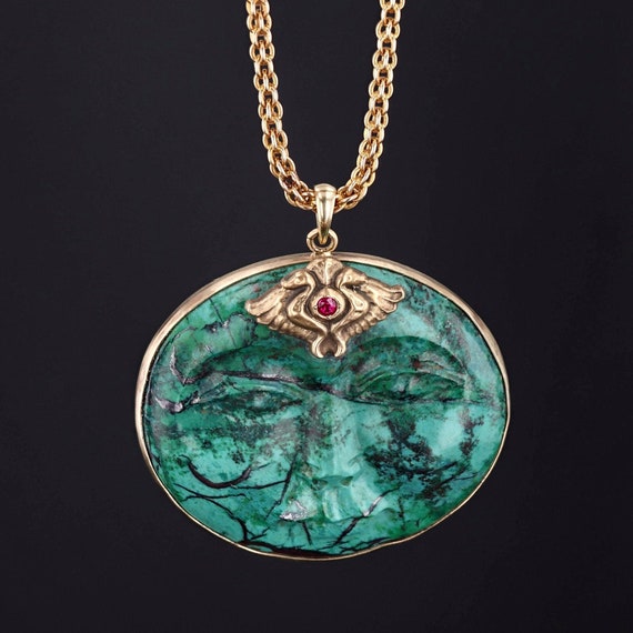 Carved Chrysocolla Face Pendant 14k 