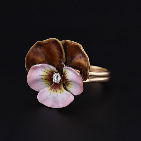 Antique Enamel Pansy Conversion Ring of 14k Gold - image 1