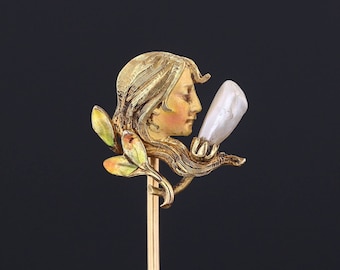 Art Nouveau Enamel Woman Stickpin of 14k Gold by Krementz and Co.