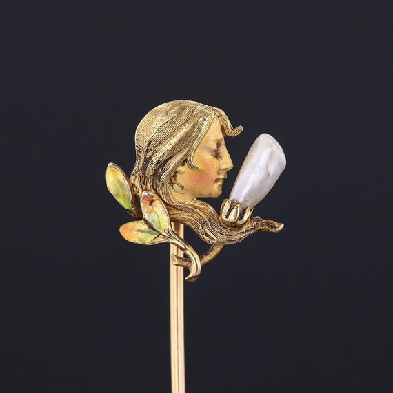 Art Nouveau Enamel Woman Stickpin of 14k Gold by K