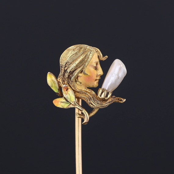 14k Antique Stickpin | Art Nouveau Enamel Woman Stickpin Art Nouveau Enamel Woman Stickpin of 14k Gold by Krementz  main image 3