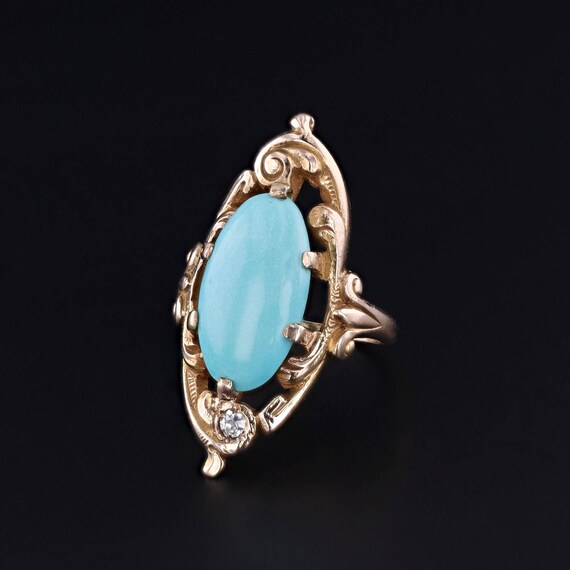 Antique Turquoise and Diamond Ring of 10k Gold - image 3