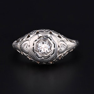 Art Deco Diamond Filigree Engagement Ring of 18k White Gold image 1