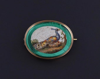 Antique Peacock Micromosaic Brooch of 9ct Gold