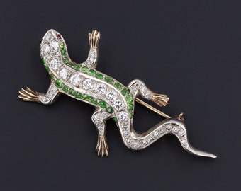 Vintage Diamond and Demantoid Garnet Lizard Brooch of 14k Gold