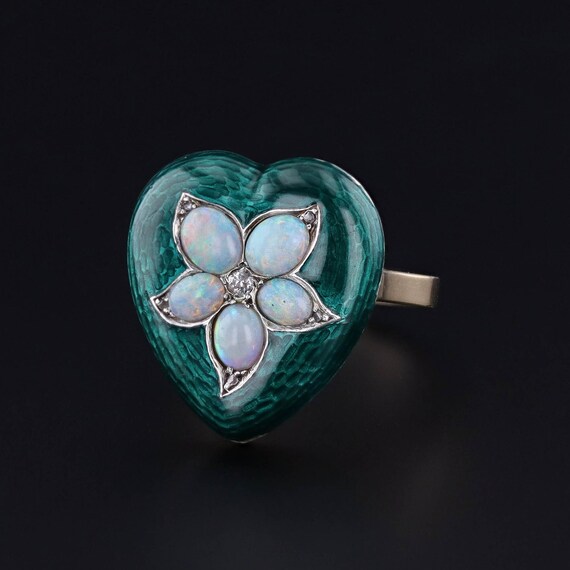 Antique Opal & Enamel Heart Ring of 14k Gold - image 2
