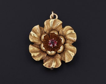 Antique Garnet Flower Pendant Brooch of 14k Gold