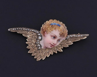 Antique Enamel Cherub Brooch of 18k Gold