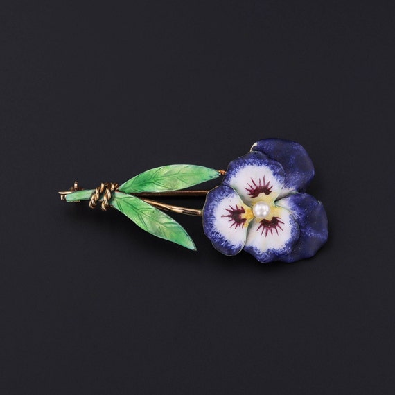 Antique Enamel Pansy Brooch of 14k Gold by Krement