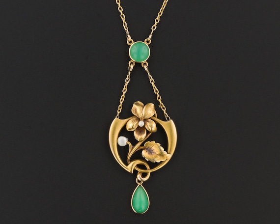Antique Chrysoprase Necklace | 14k Gold Art Nouvea