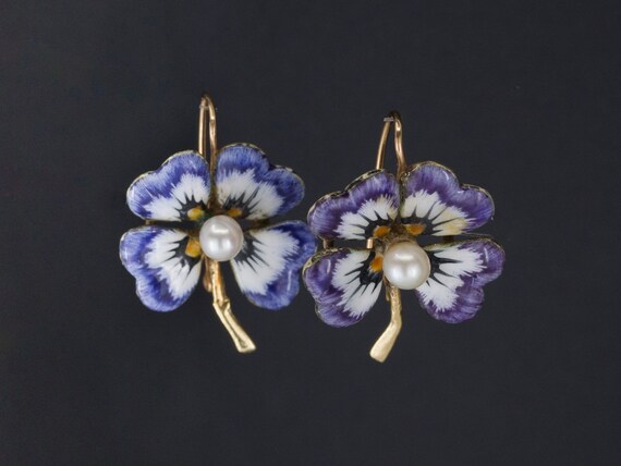 Antique Flower Earrings | Enamel & Pearl Flower Ea