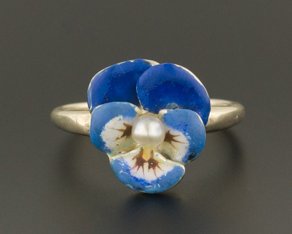 14k Gold Enamel Pansy Ring | Vintage Pearl Pansy R