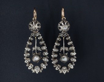 Antique Diamond Earrings of Silver with 14k Rose Gold