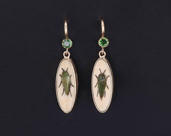 Antique Demantoid Garnet Insect Shibayama Conversion Earrings of 14k Gold