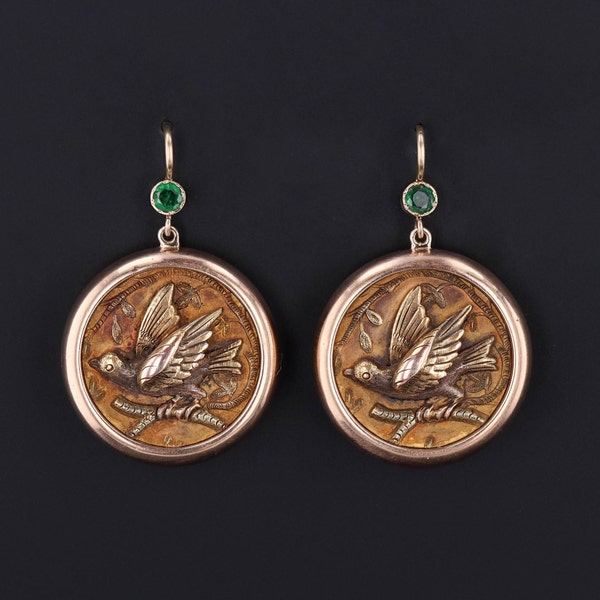 Antique Emerald Bird Conversion Earrings of 14k Gold