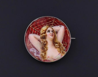 Antique Enamel Erotic Woman in Spider Web Brooch