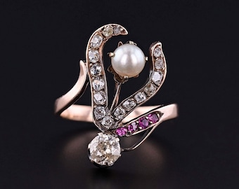 Art Nouveau Stylized Flower Ring of 10k Rose Gold