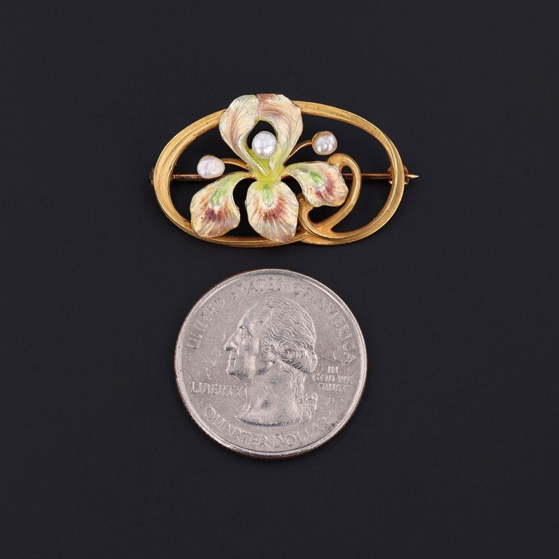 Antique Enamel Iris Flower Brooch of 14k Gold image 2