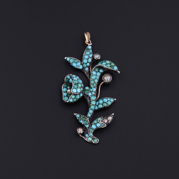 Antique Turquoise and Silver Flower Conversion Pendant