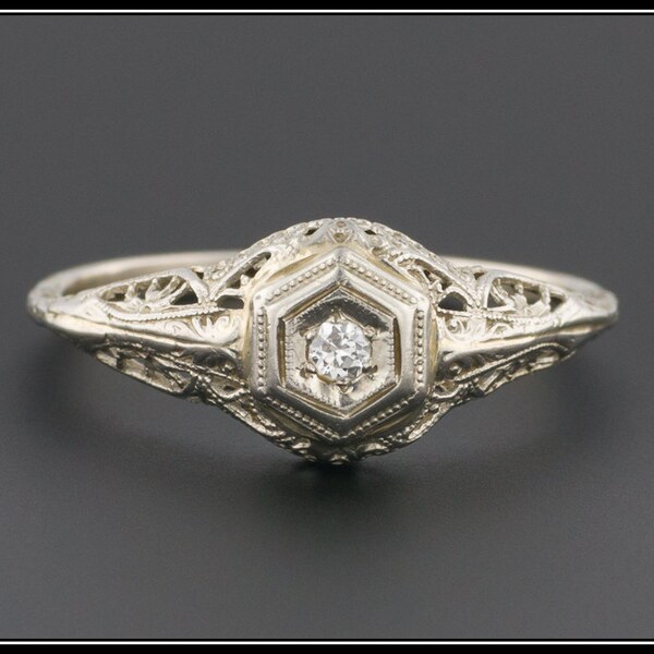 Vintage Art Deco Diamond Filigree Engagement Ring, 14k / 10k Gold