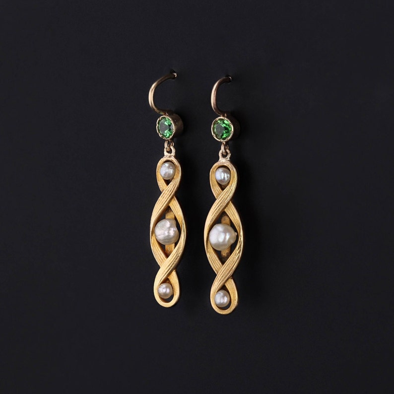 Antique Pearl and Tsavorite Garnet Earrings of 14k Gold image 2