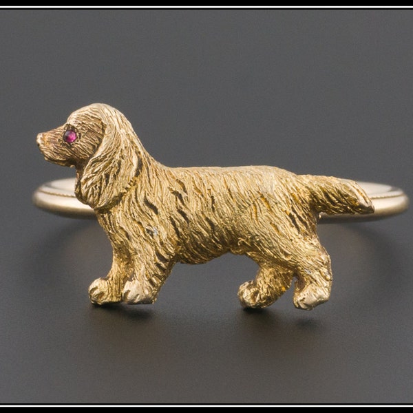 Anello cane Setter antico, oro 14 carati, granato occhio, irlandese o Setter Inglese