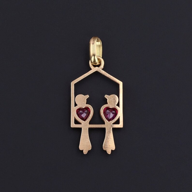 Vintage Ruby Lovebirds Pendant of 18k Gold image 3