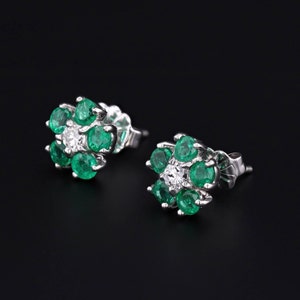 Vintage Emerald and Diamond Flower Stud Earrings image 2