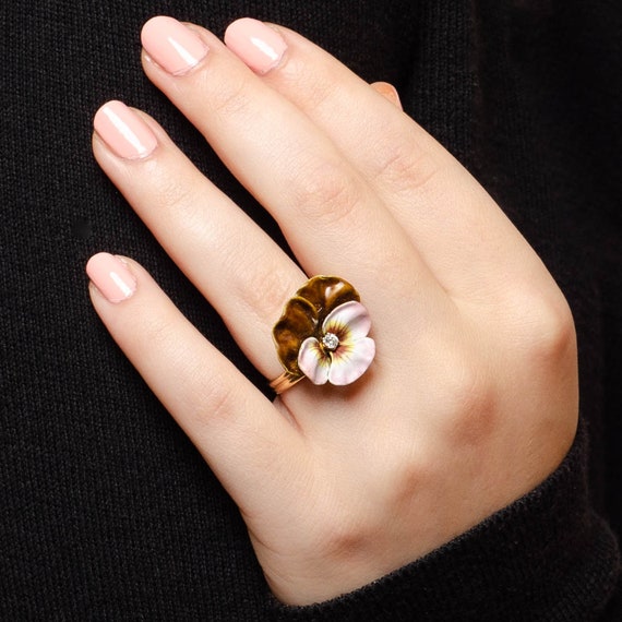 Antique Enamel Pansy Conversion Ring of 14k Gold - image 5