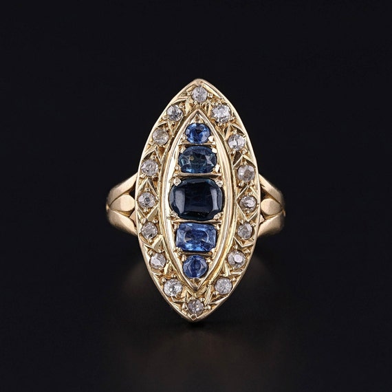 Antique Sapphire and Diamond Navette Ring of 18k … - image 1