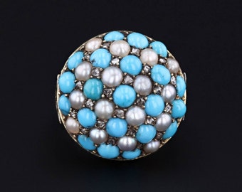 Antique Turquoise Diamond and Pearl Checkerboard Ring of 14k Gold