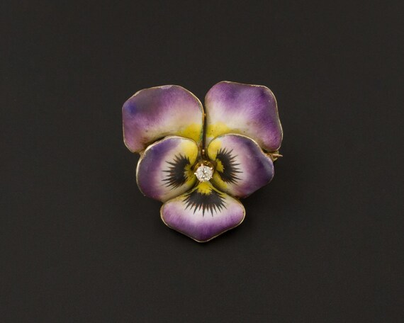 Purple Pansy Brooch | Antique Enamel Flower Pin |