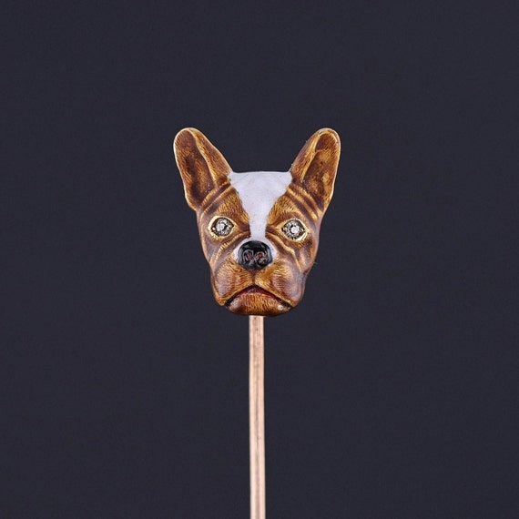 Antique Enamel Boston Terrier Stickpin of 14k Gold - image 1