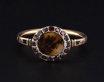 Georgian Dendritic Agate and Garnet Mourning Ring of 18k Gold