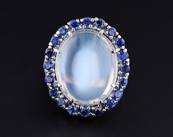 Vintage Moonstone & Sapphire Ring of 14k White Gold