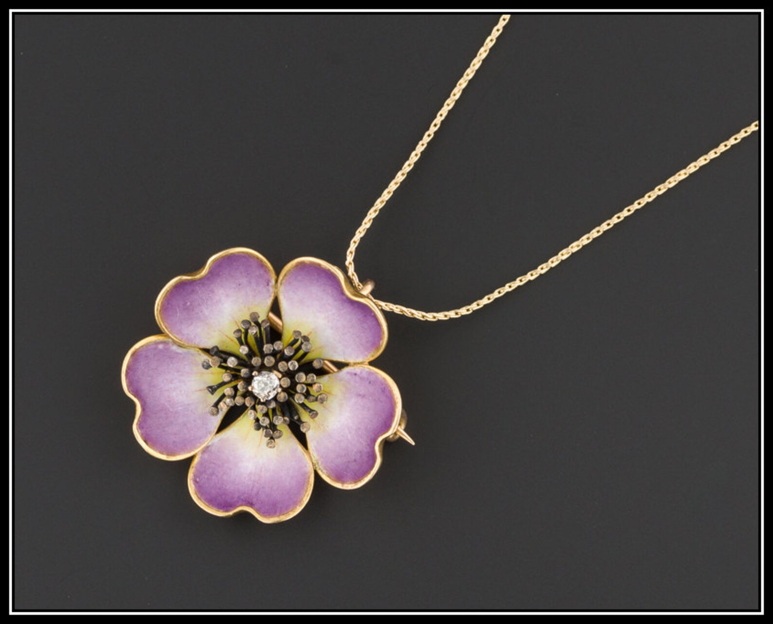 18k Gold Flower Necklace Purple Enamel Flower Necklace Etsy