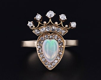 Antique Opal and Diamond Heart Conversion Ring of 14k Gold