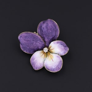 Art Nouveau Enamel Violet Flower Pendant Brooch of 14k Gold