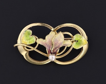 Antique Enamel Flower Brooch of 14k Gold by Krementz