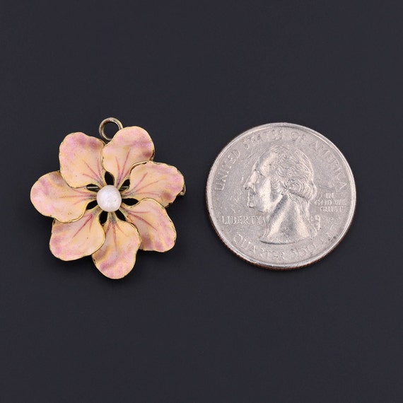 Antique Enamel Flower Pendant or Brooch of 14k Go… - image 2
