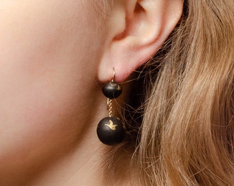 Antique Niello Bead Conversion Earrings of 14k Gold