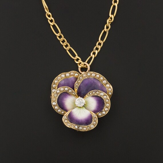 Art Nouveau Enamel Pansy Pendant or Brooch | 14k