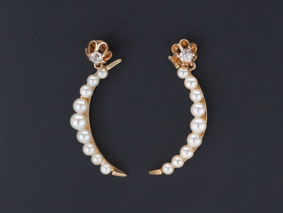 Crescent Moon Earrings | 14k Gold Pearl and Diamon